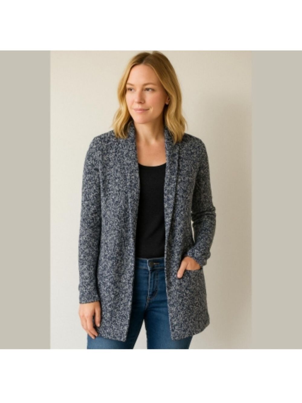MASSIMO DUTTI | Open front cardigan marled navy white pockets sz S